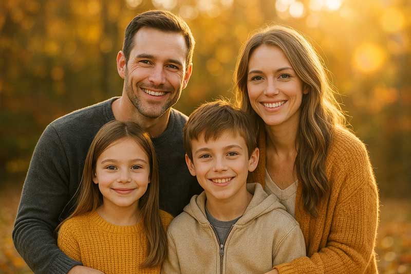 Klösterleschule Schwäbisch Gmünd: Home. Rubrik Veranstaltungen. Fotografie einer Familie mit Mann, Frau, Tochter und Sohn