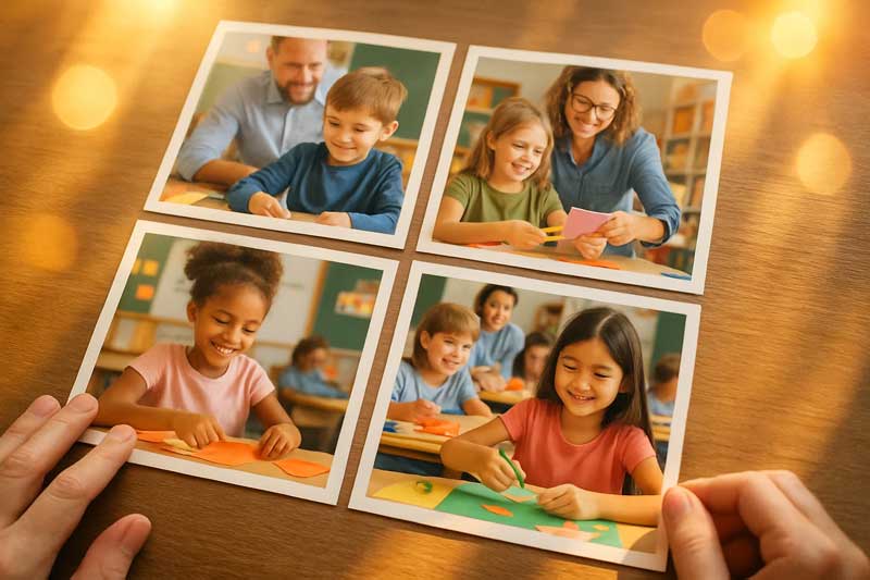 Klösterleschule Schwäbisch Gmünd: Home. Rubrik Rückblicke. Fotografie von Händen welche Kinderfotos sortieren