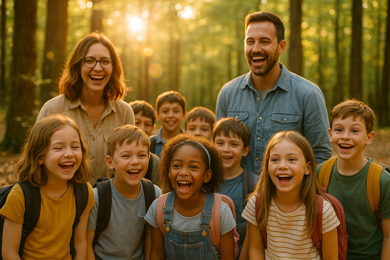 Klösterleschule Schwäbisch Gmünd: Leben und Lernen. Natur erleben. Abbildung einer Gruppe mit Kindern und zwei Leherern im Wald