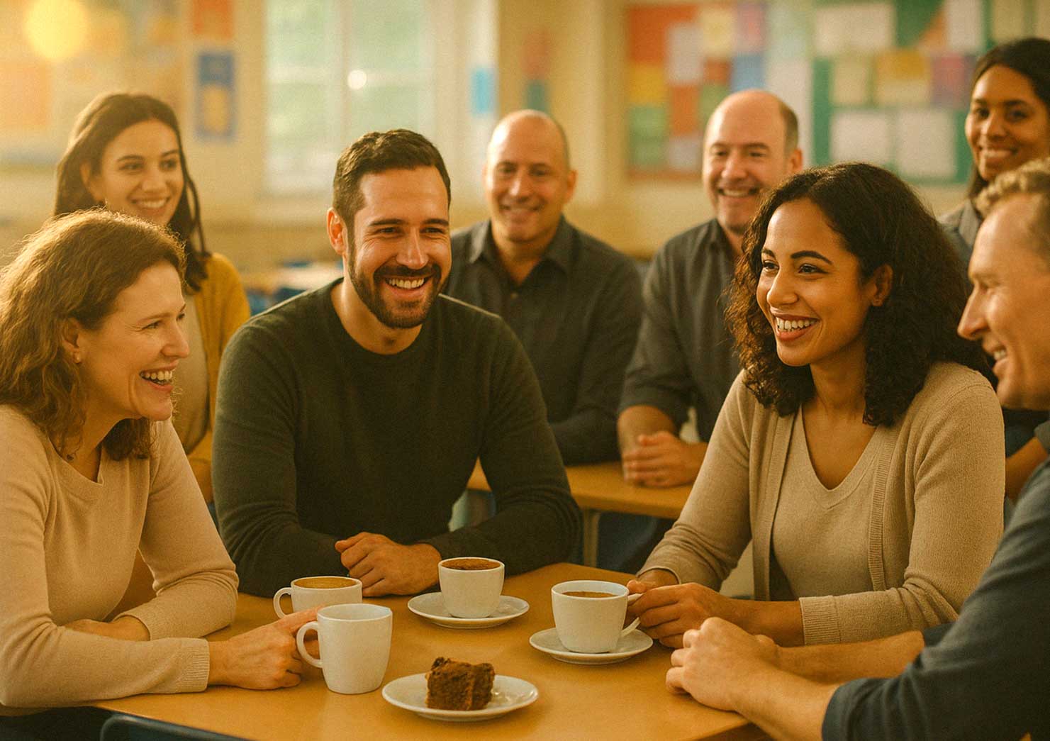 Klösterleschule Schwäbisch Gmünd: Soziales MIteinander. Elternbeirat. EIne fotografische Abbildung von mehreren glücklichen Eltern während einer Besprechung in einem Café